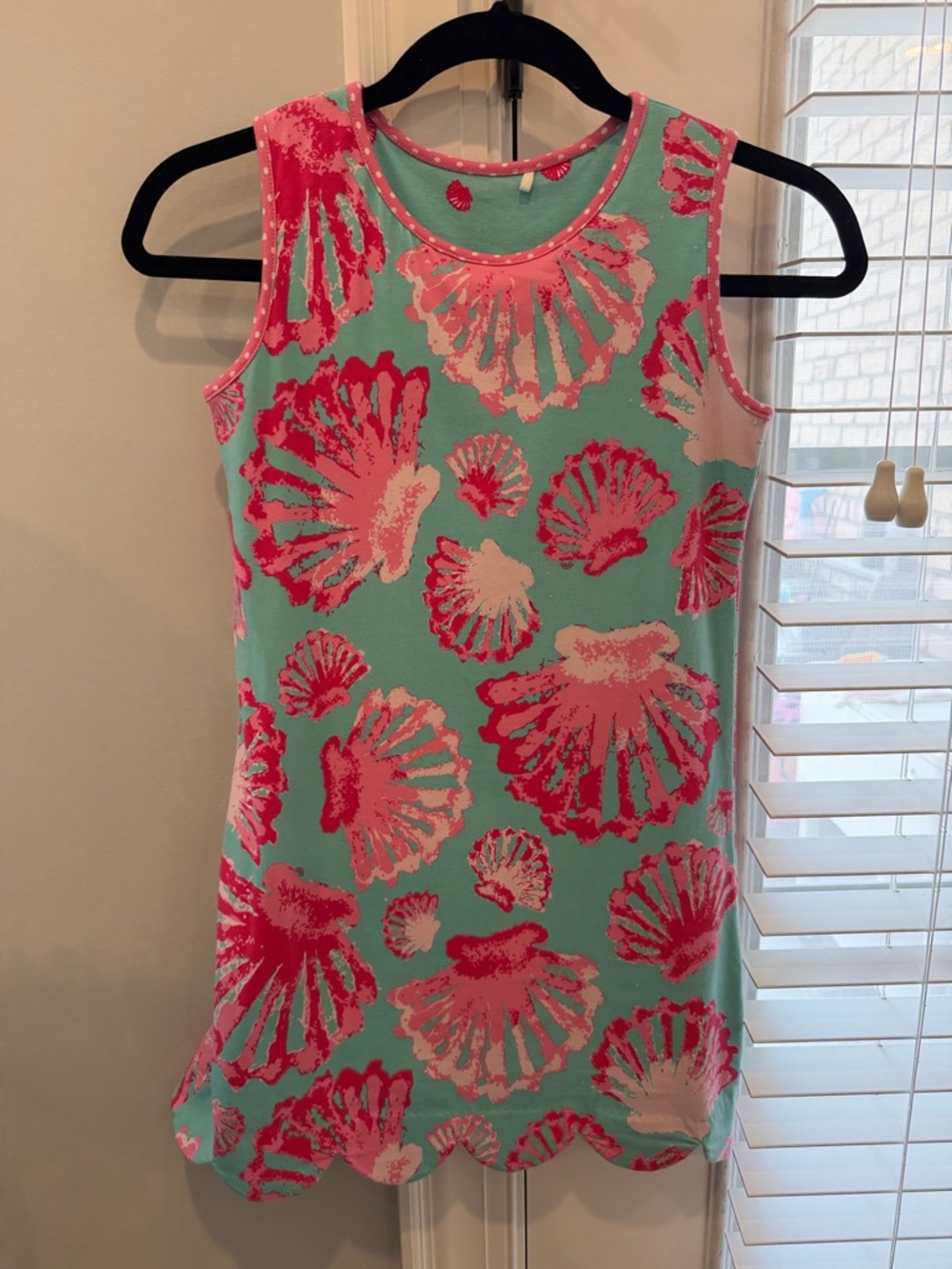 Girls' Reversible Aqua Shell-Print Sleeveless Dress with Pink Accents